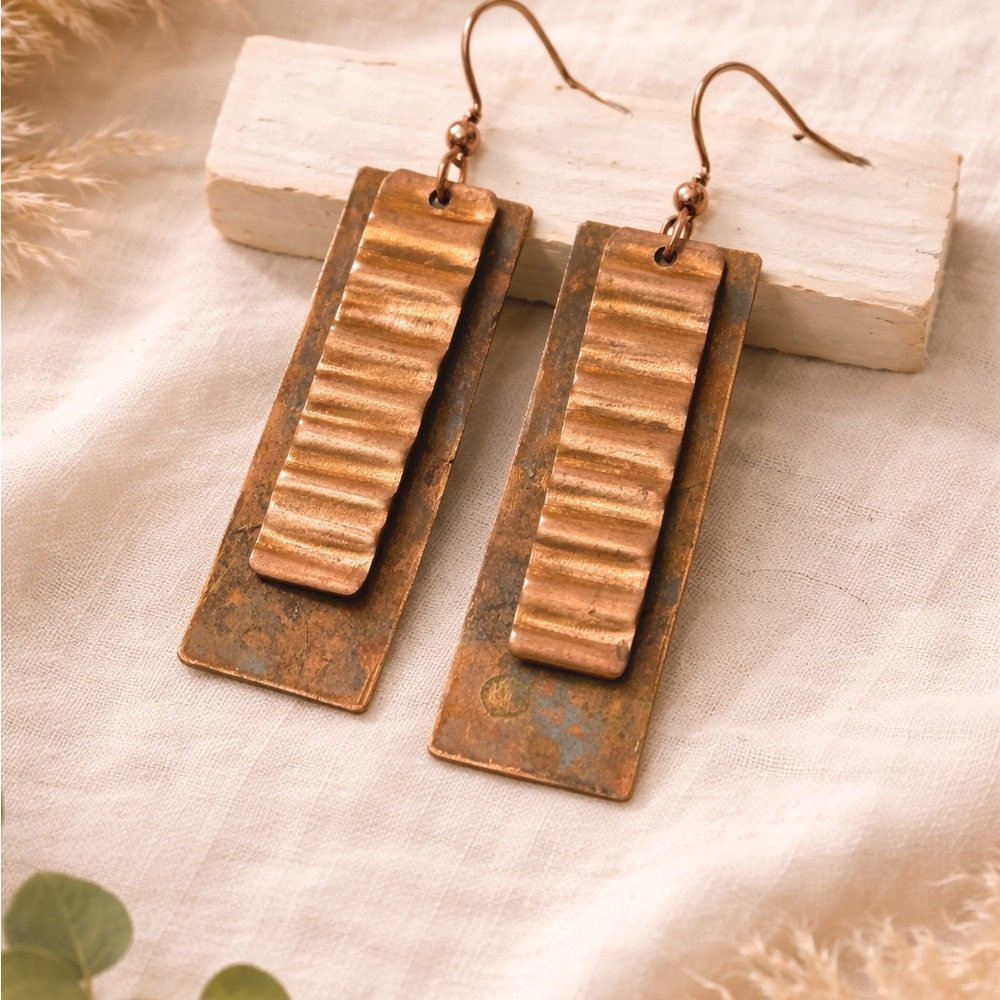Handcrafted Copper Dangle Earrings | Artisan Rustic Boho Statement